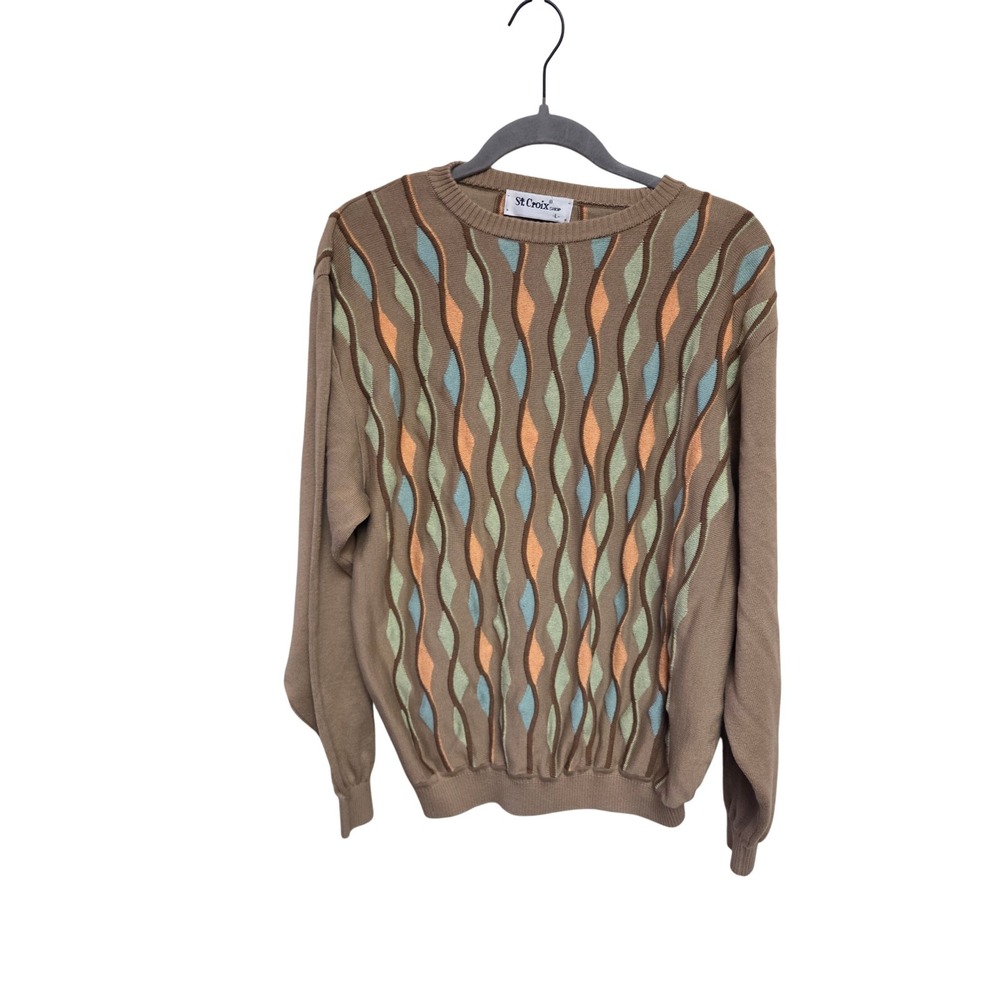 Vintage 80s St Croix Wave Knit‎ Sweater Mens L Textured Stripe Beige Blue Made